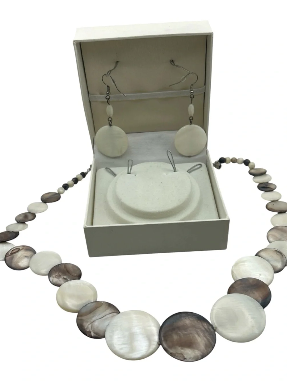 Mother of Pearl Shell Disc Statement Necklace, Pierced Earring Set White Brown